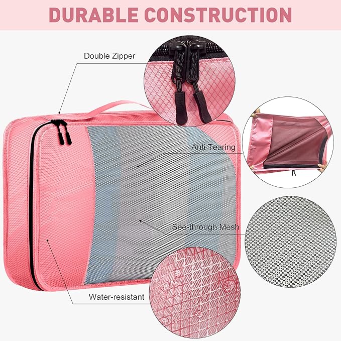 8-Piece Packing Cubes for Travel, Mesh Luggage Organizers with Shoe Bag, Toiletry Bag, Laundry Pouches, 4 Sizes (XL/L/M/S) for Suitcase Organization, Men Women Kids, Pink