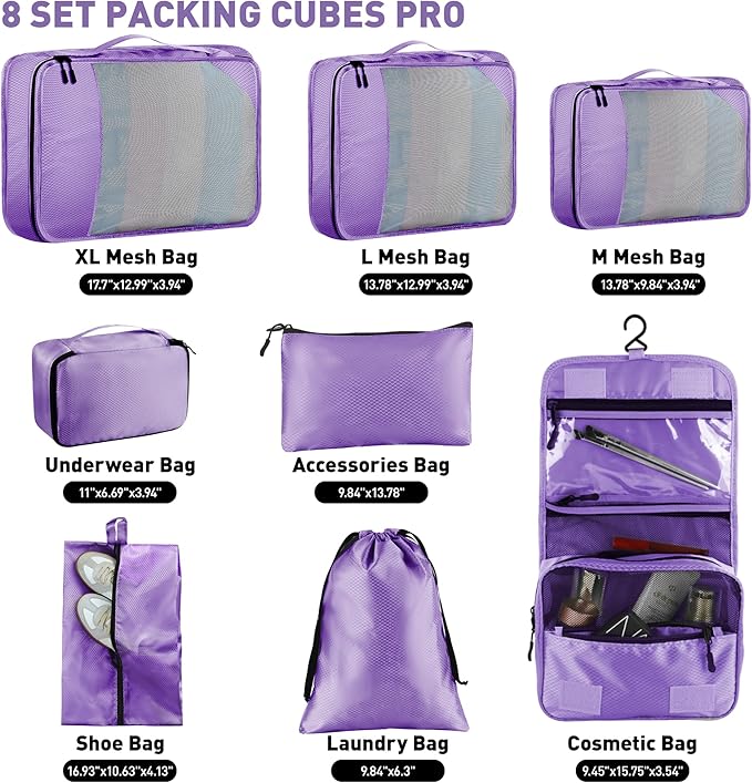 8-Piece Packing Cubes for Travel, Mesh Luggage Organizers with Shoe Bag, Toiletry Bag, Laundry Pouches, 4 Sizes (XL/L/M/S) for Suitcase Organization, Men Women Kids, Purple