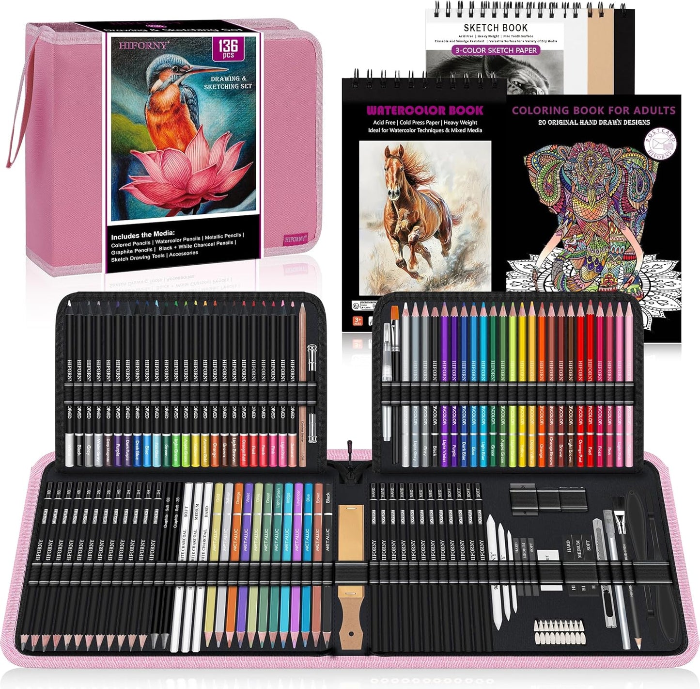 HIFORNY 136 PCS Drawing & Sketching Set,Pro Art Supplies with Graphite,Charcoal,Colored,Watercolor,Metallic Pencils,Blending Tools,Sketchbook,Watercolor Book and Coloring Book in Zipper Case (Pink)