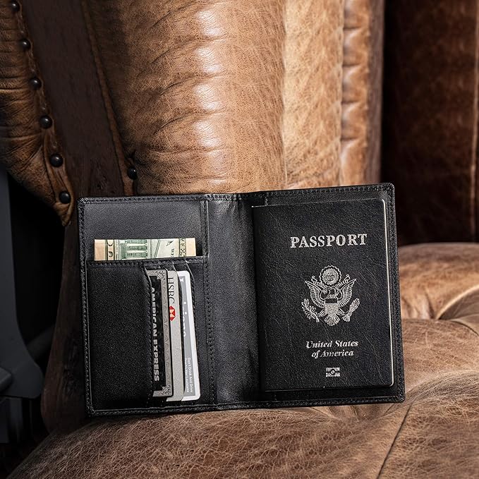 Polare Men's Slim RFID Blocking Leather Passport Holder Travel Bifold Wallet (Black)