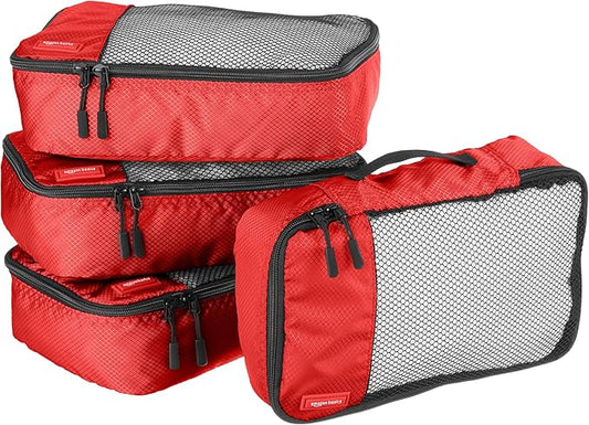 Amazon Essentials 4-Piece Packing Cubes Travel Accessories Set, Luggage Organizer with Double Zipper, Mesh Top, 100% Polyester, Small, Red (Previously Amazon Basics)