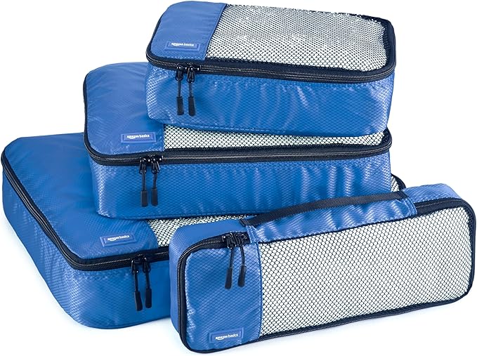 Amazon Essentials 4-Piece Packing Cubes Travel Accessories Set, Luggage Organizer with Double Zipper, Mesh Top, 100% Polyester, Small/Medium/Large/Slim, Blue (Previously Amazon Basics)