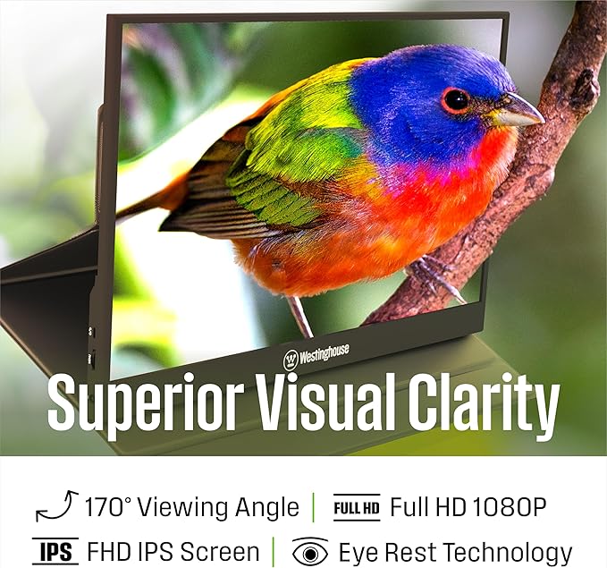 Westinghouse 15.6 Inch Portable Monitor for Laptop & Travel, 1080p, 60Hz, IPS Display, Full HD Screen with Magnetic Protective Cover, Built in Speakers, 1x Mini HDMI, 1x USB Type-C