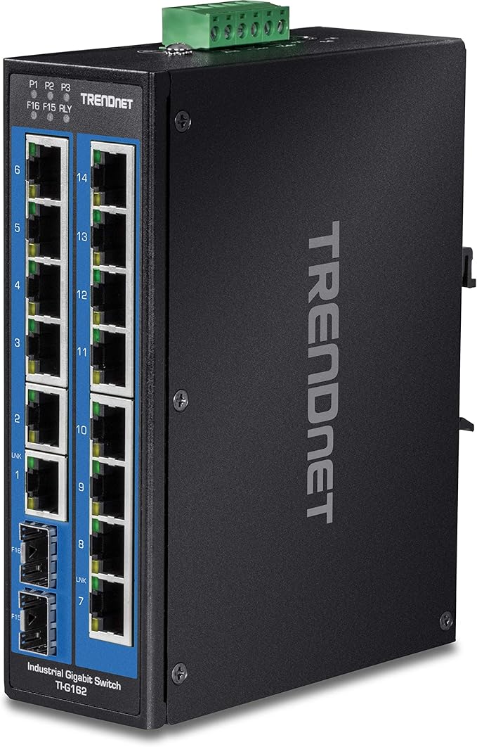 TRENDnet 16-Port Hardened Industrial Unmanaged Gigabit DIN-Rail Switch, TI-G162, 14 x Gigabit Ports, 2 x Gigabit SFP Slots,32Gbps Switching Capacity, IP30 Ethernet Network Switch, Lifetime Protection