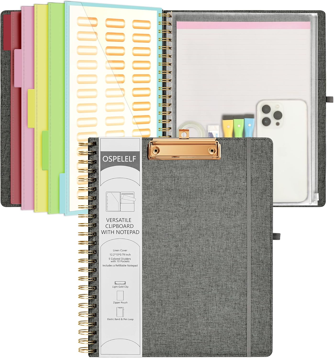 Ospelelf Foldable Spiral Clipboard Folio with Storage Zipper Pouch, 5 Plastic Folders with 10 Pockets,Refillable Lined Notepad (11" x 8.5"), Hardcover Project Organizer with 39 Stickers (Dark Grey)