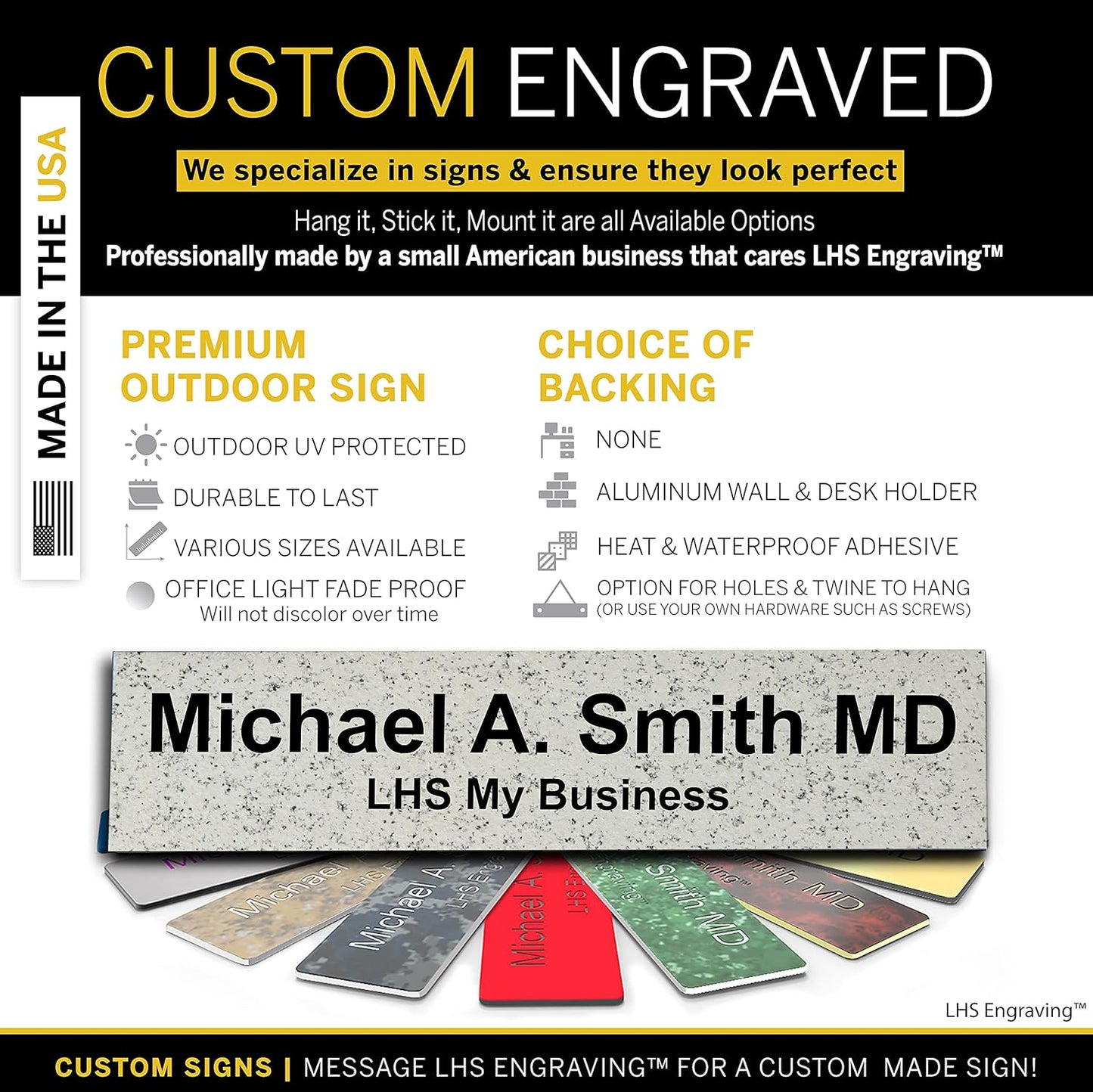 Door Name Plate Personalized for Office Stone Granite Plastic Name Plate Black Letters - Made in USA 2x4 S3