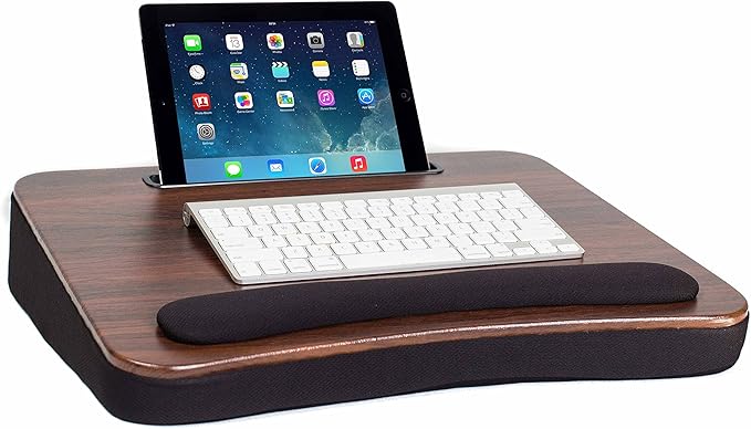 Sofia + Sam Multi Tasking Lap Desk with Memory Foam Cushion | Tablet Slot | Fits Laptops Up to 17" | Tablets Up to 9.6" | Black | Walnut Wood Top | Computer Lap Tray