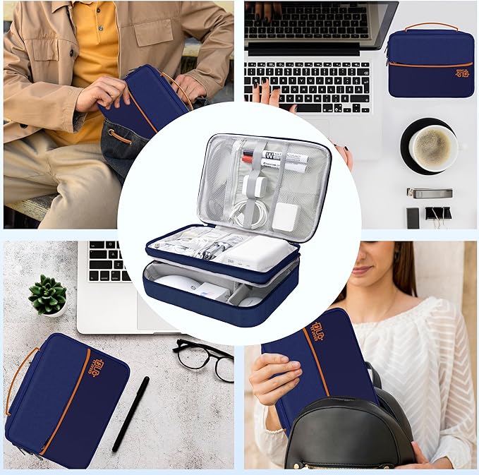 Electronics Organizer,Travel Cord Organizer Pouch, Portable Cable Organizer Bags, Waterproof Electronic Accessories Storage Case for Cables, Cords, Charger, Phone (Three Layer-NavyBlue)