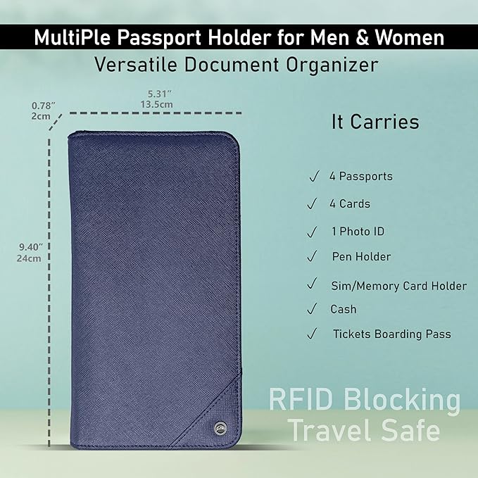 Family 4 Passport Holder - Travel Wallet RFID Blocking, Document Organizer, Essentials Plane Accessory Cover for Women Men (Blue)
