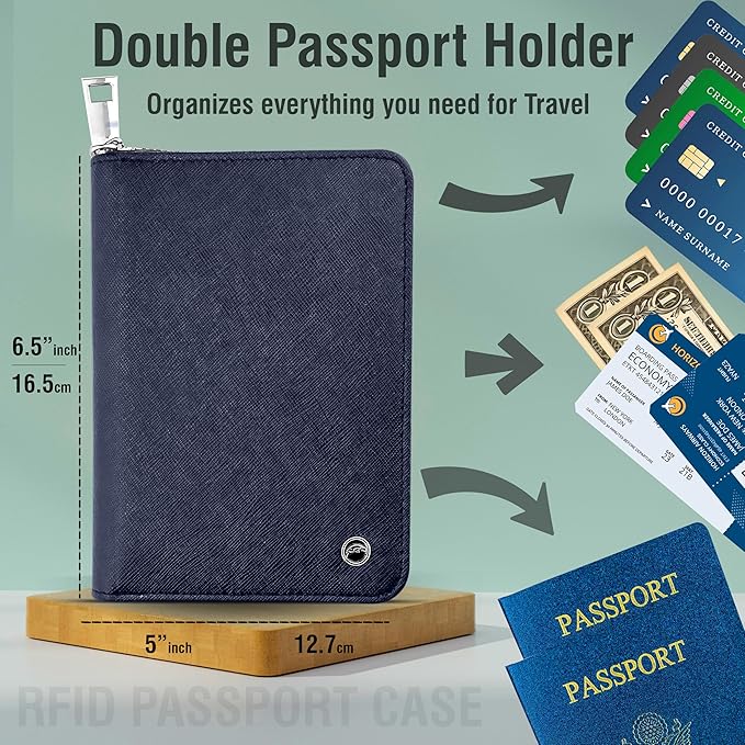 RFID Travel Wallet Passport Holder w/Zipper - Organizer Bag for Travel Documents – Safety Essentials Cover for Men Women