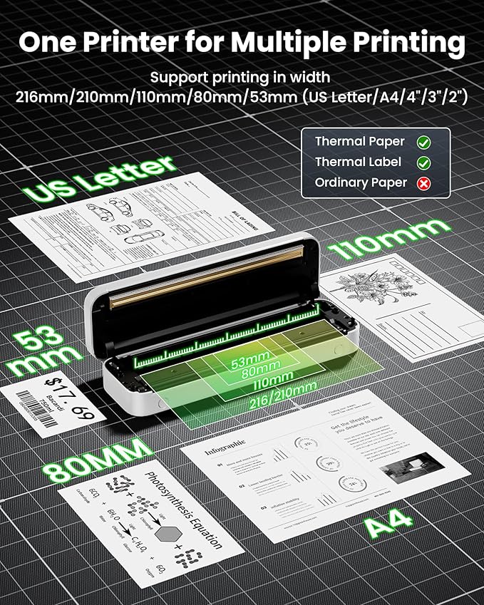 Itari Portable Printer for Travel with Case and 4 Rolls Paper, Inkless Thermal Printer, Support 8.5" x 11" A4 & US Letter, Wireless Compatible with iPhone, Android, Laptop, White