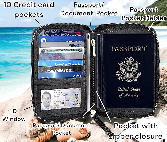 Passport Wallet - Travel Document Holder w/RFID Blocking – Full Grain Leather – Bifold compact zip around Wallet with Credit Card Slots for Women and Men,500-80