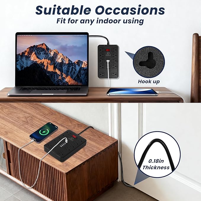 Surge Protector Power Strip with 10 Widely-Spaced Outlets & 6 USB(2USB C) Ports, 10ft Flat Plug Extension Cord Wall Mountable, Desktop Charging Stations for Home Office Bedroom Kitchen