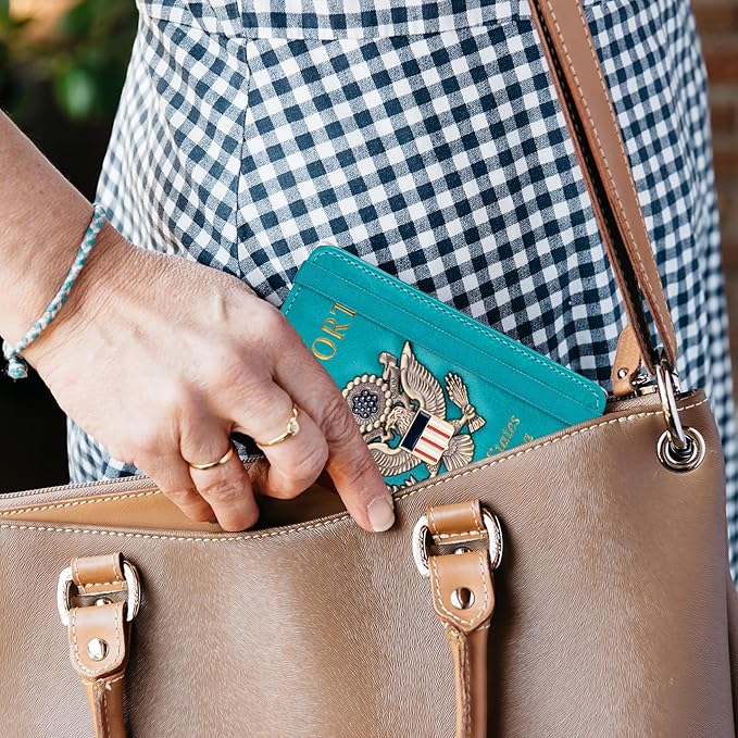 TOURSUIT RFID Blocking Passport Holder for Women Men, Leather Passport Travel Wallet with Metal 3D Metal Badge, Travel Document Holder Cover Accessories (Light Blue)