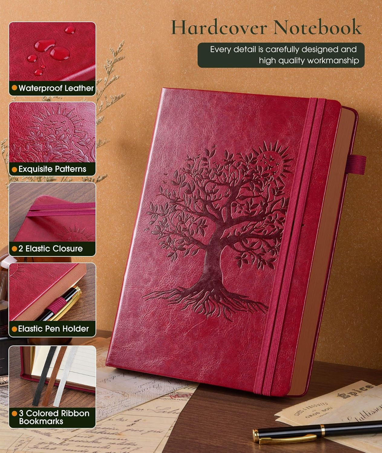 Vintage Leather Journal with 300 Numbered Pages,B5 Lined Journal for Men Women,Daily Journals for Writing,College Ruled Notebook for Work,School,Note taking,Travel Diary,Large (7" x 10")