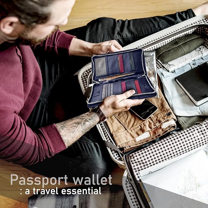 Family 4 Passport Holder - Travel Wallet RFID Blocking, Document Organizer, Essentials Plane Accessory Cover for Women Men (Blue)