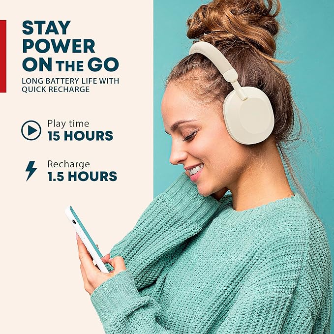 Gabba Goods Wireless Bluetooth Over-Ear Headphones – Deep Bass, 40mm Drivers, Built-in Mic, FM Radio, SD Card Playback, USB-C Fast Charging, 6H Playtime, Lightweight Comfort (Beige)