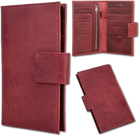 Top Grain Leather Travel Passport Wallet Holder for Man & Woman, Snap Button Design for 4 Passports & Multi Cards, RFID Blocking Large Capacity for Passports/Cards/Checks/Bills, Burgundy