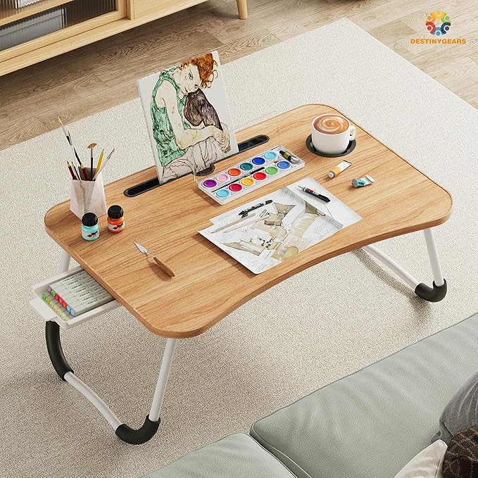 Lap Desk Bed Trays for Eating and Laptops Breakfast in Bed Tray for Sofa/Couch/Study/Reading/Writing with Cup Holder/Drawer On Low Sitting Floor Large Portable Foldable (Walnut Beige)