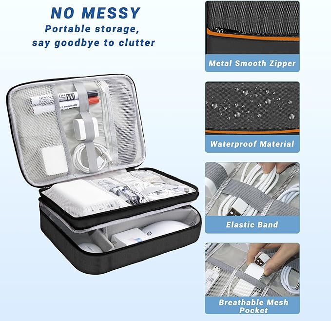 Electronics Organizer,Travel Cord Organizer Pouch, Portable Cable Organizer Bags, Waterproof Electronic Accessories Storage Case for Cables, Cords, Charger, Phone (Three Layer-Black)