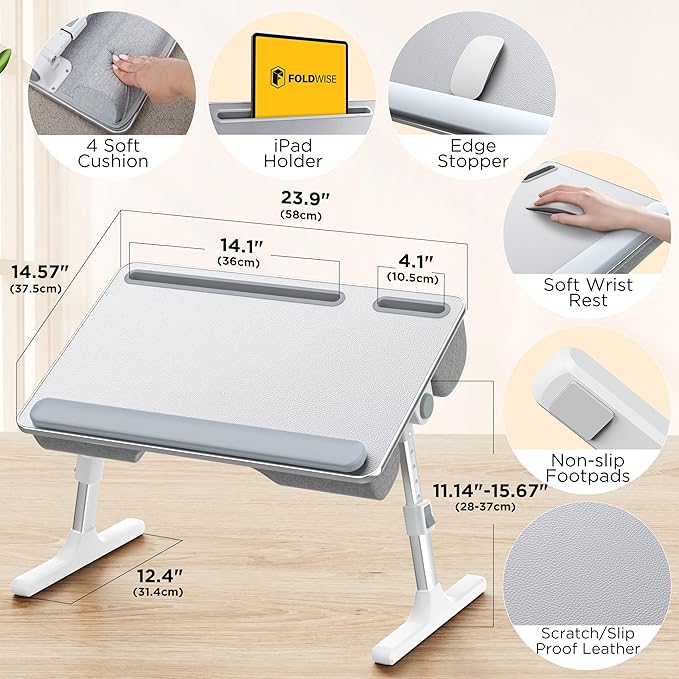 FoldWise 2-in-1 Lap & Bed Desk with Soft Cushions - Adjustable Height & Angle, Foldable Laptop Stand for Bed & Couch - Wrist Rest, iPad Holder, Stopper & Non-Slip Leather - Bed Table for Adults & Kids