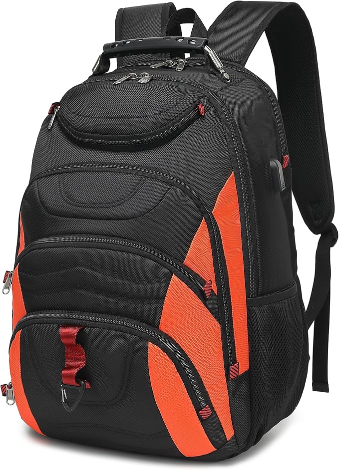 Boavan Laptop Backpack for men, 17.3 inch Laptop Bag with USB Port, Waterproof Travel Work Backpack Purse, Anti-Theft Teacher Nurse Doctor Casual Bookbags Office Business backpack，Black&Orange