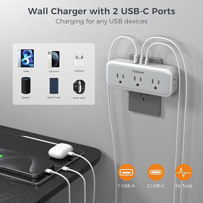 Multi Plug Outlet Extender, Wall Charger, TESSAN Multiple Plug Surge Protector, 5 Outlets and 3 USB (2 USB C), Electrical Power Expander with Surge Protector Spaced for Home Office Dorm Room