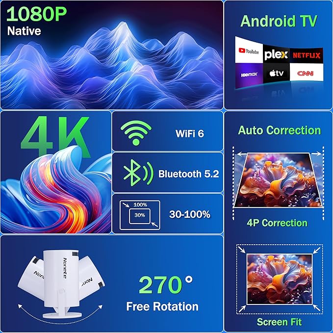 【Built-in Apps】Mini Projector 1080P, 4K Projector Full HD with WIFI 6 and Bluetooth 5.2, Support 270° Rotatable Portable Projector with Auto Keystone Correction,Compatible with Phone/HDMI/USB-White
