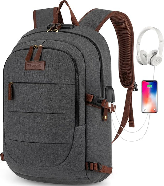 Canvas Laptop Backpack-Anti Theft Bag for Men Women,Rucksack Fits 15.6Inch Laptop, Work Travel with USB Charging Port and Lock