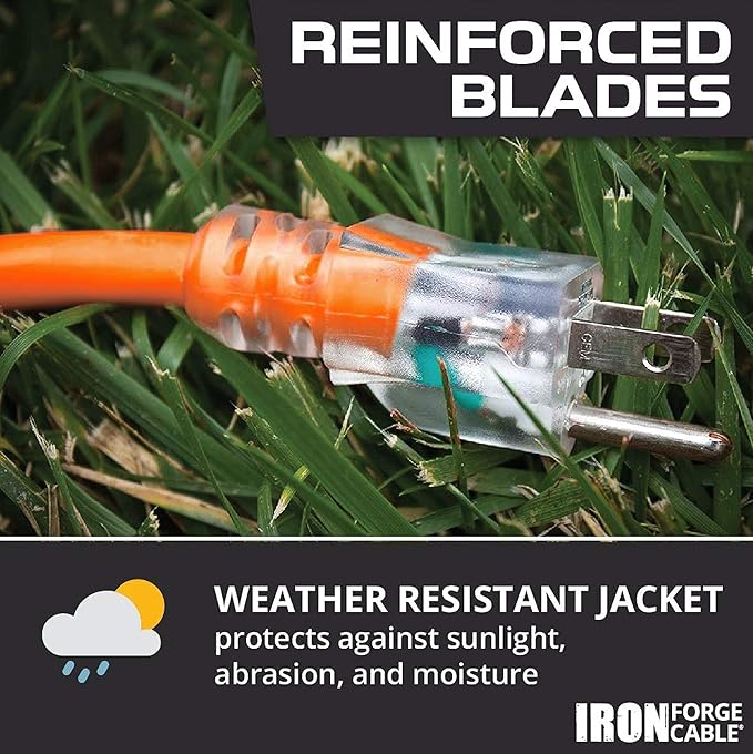 IRON FORGE CABLE 50 Ft Orange Extension Cord - 12/3 SJTW Heavy Duty Lighted Outdoor Extension Cable with 3 Prong Grounded Plug for Safety, 15 AMP - Great for Garden & Major Appliances