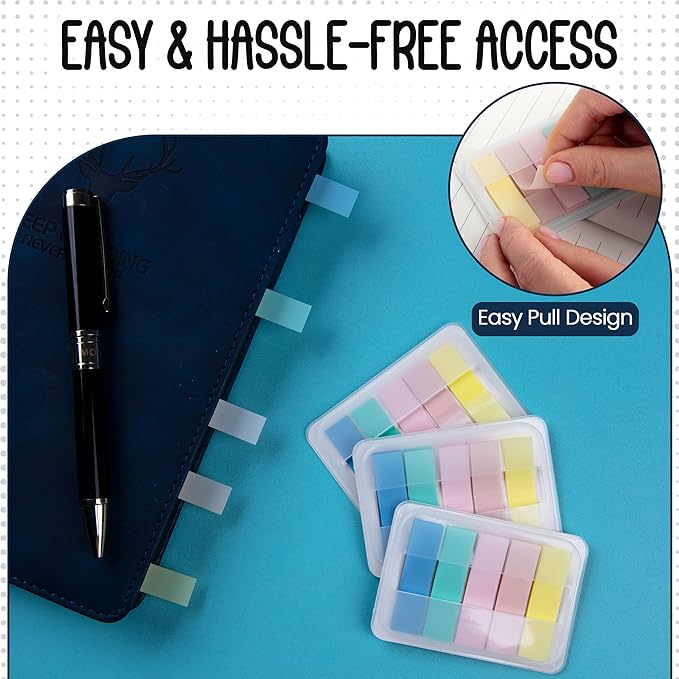 Essex Wares - 300 Pieces - Transparent Sticky Notes Tabs with Case - 5 Boho Colors - 3 Cases - 1.8" x 0.4" - 60 Pieces Each Color - Pop Up Index Tabs - Book Flags for Annotating - Book Sticky Tabs