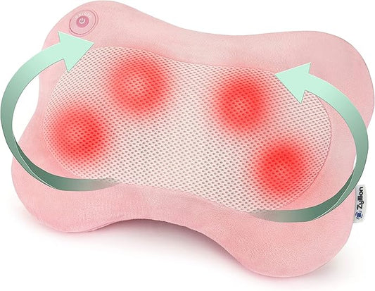 Zyllion Shiatsu Back and Neck Massager with Heat - 3D Electric Kneading Deep Tissue Massage Pillow for Muscle Pain Relief, Pink, ZMA-13