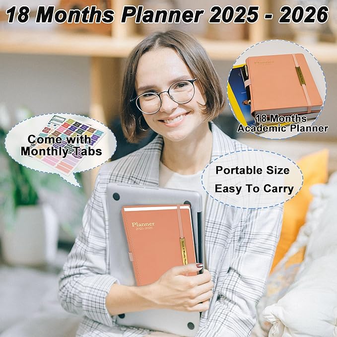 Daily Planner 2025-2026, 18 Month Weekly & Monthly Planner from Jul 2025-Dec 2026, Hardcover Agenda 2025 with Pocket, A5 Size, Pink
