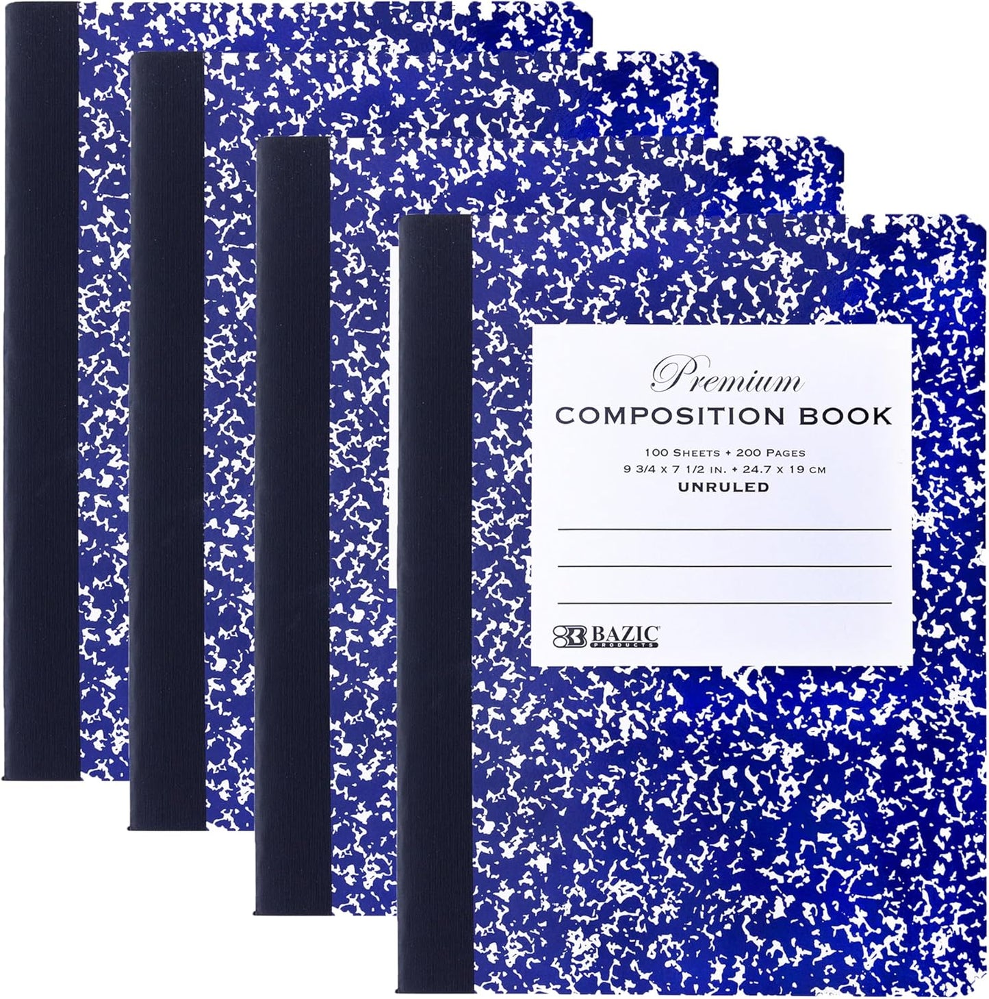 BAZIC Composition Book Black Marble Unruled Ruled 100 Sheet Notebook, Blank Page Journal Comp Notebooks for School, 4-Pack