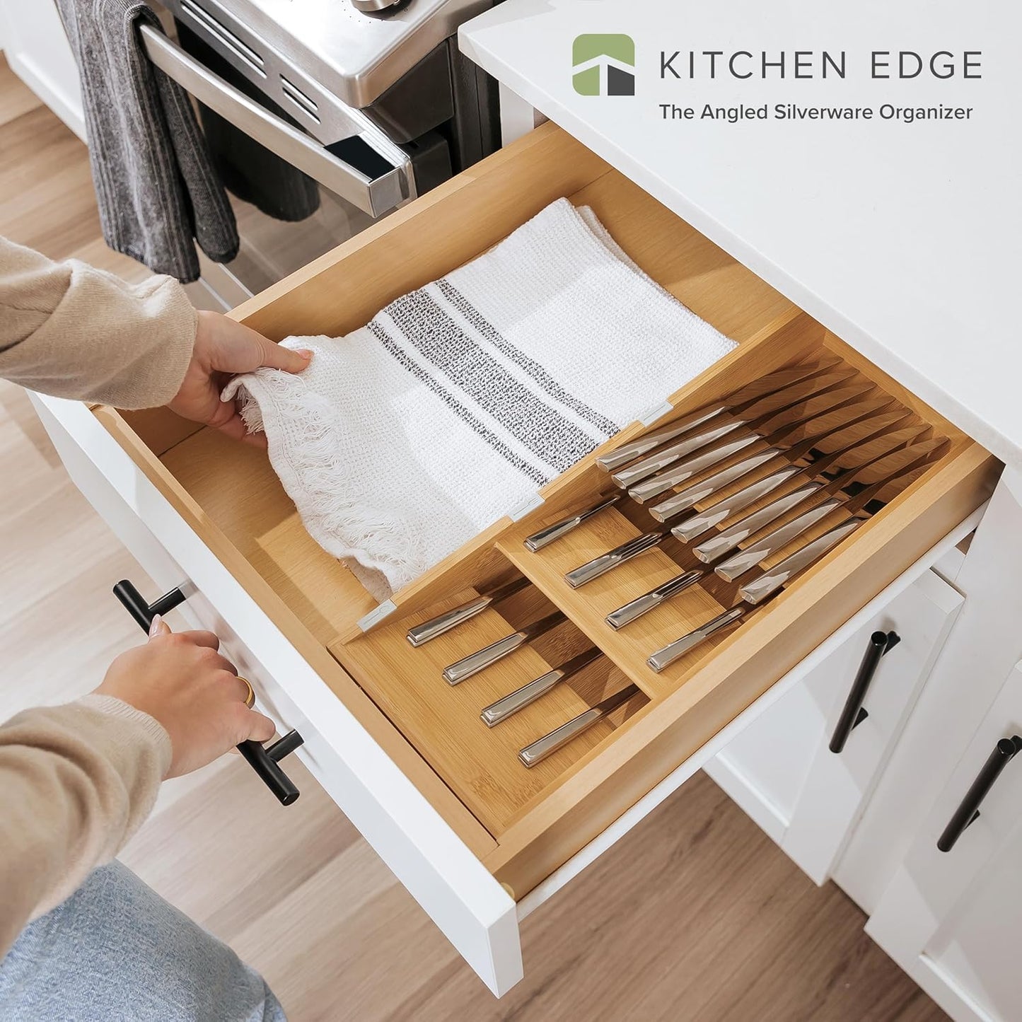 Premium Cutlery, Flatware, and Silverware Drawer Organizer – Slanted 3-Compartment Design with Labeled Slots, Non-Slip Feet, 100% Sustainable Bamboo