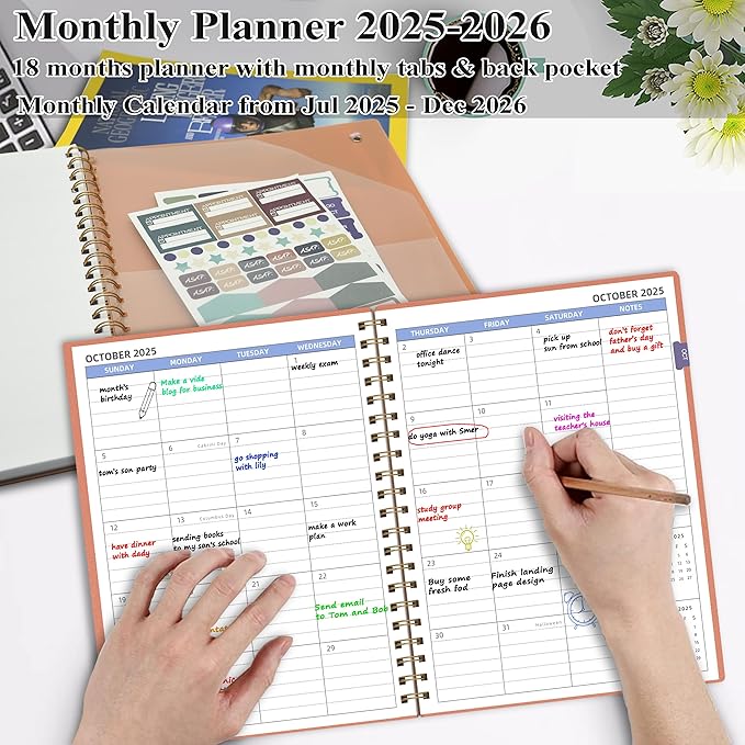 Monthly Planner 2025-2026 (7.4'' x 9.6''), 18 Months Agenda Planner from Jul 2025-Dec 2026, Calendar 2025 with Pocket, 120GSM Paper, Pink