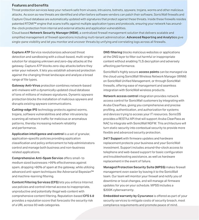 SonicWall TZ480-1-Year Managed Edition (03-SSC-6971) - Next-Generation Firewall with Managed Protection - 4.0 Gbps Firewall, 2.0 Gbps Threat Prevention | Zero-Touch Deployment