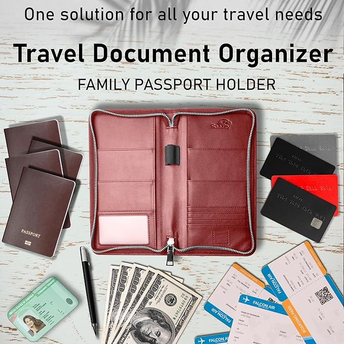 Family 4 Passport Holder - Travel Wallet RFID Blocking, Document Organizer, Essentials Plane Accessory Cover for Women Men (Red)