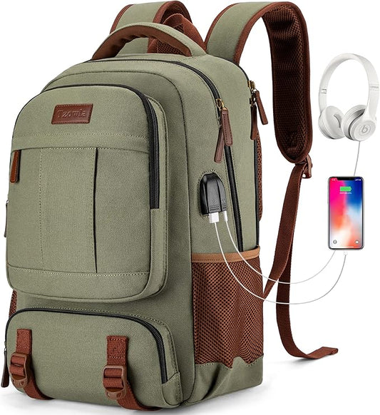 Tzowla Canvas Laptop Backpack, Bag for Men Women,Travel Work Rucksack Fits 15.6 Inch Laptop, Bookbag with USB Charging Port