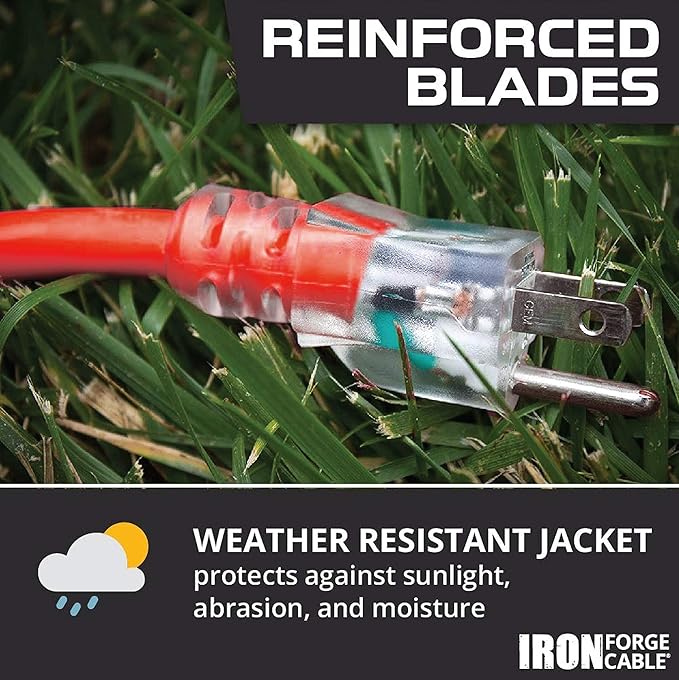 Iron Forge Cable 50 ft Lighted Outdoor Extension Cord - 12/3 SJTW Heavy Duty Red Extension Cable with 3 Prong 15 AMP Grounded Plug for Safety