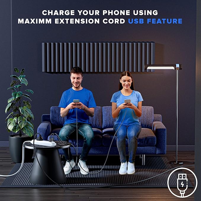 Extension Cord with USB Ports 1FT, 360° Rotating Flat Plug Extension Cord, 3-Outlet with USB Ports (2 Ports), 3 Prong Extension Cord, Grounded Extension Cord (White) UL Certified