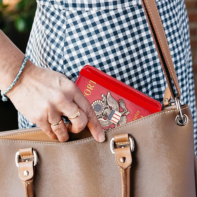 TOURSUIT Rfid Blocking Passport Holder for Women Men, Leather Passport Travel Wallet with Metal 3D Metal Badge, Travel Document Holder Cover Accessories (Red)