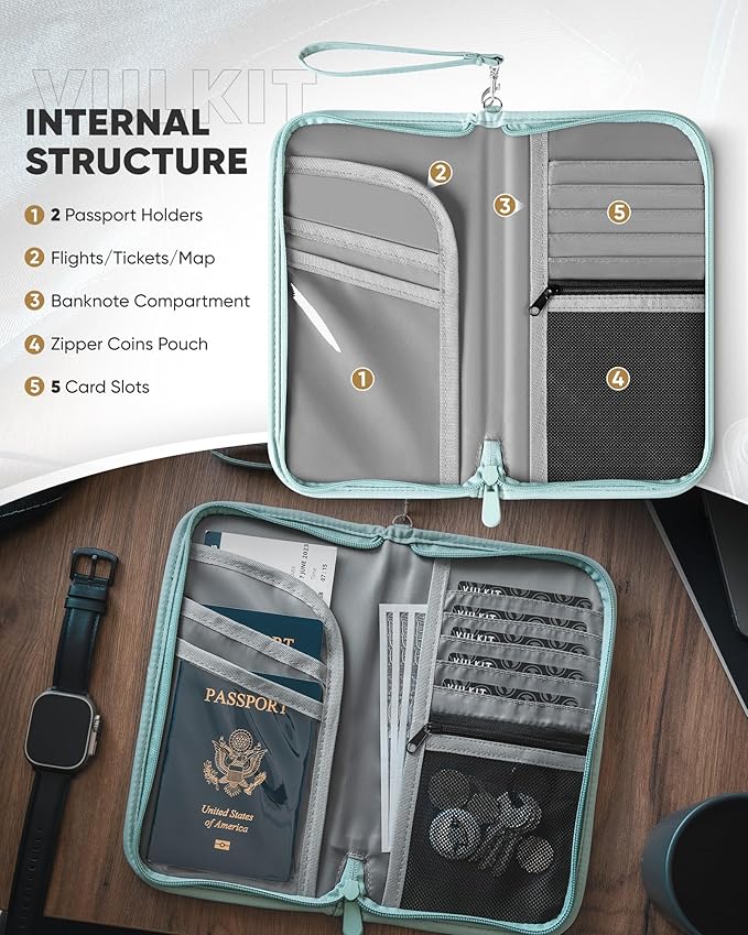 VULKIT Passport Wallet Passport Family Holder RFID Blocking Travel Card Organizer with Wrist Strap for Men or Women(Green)