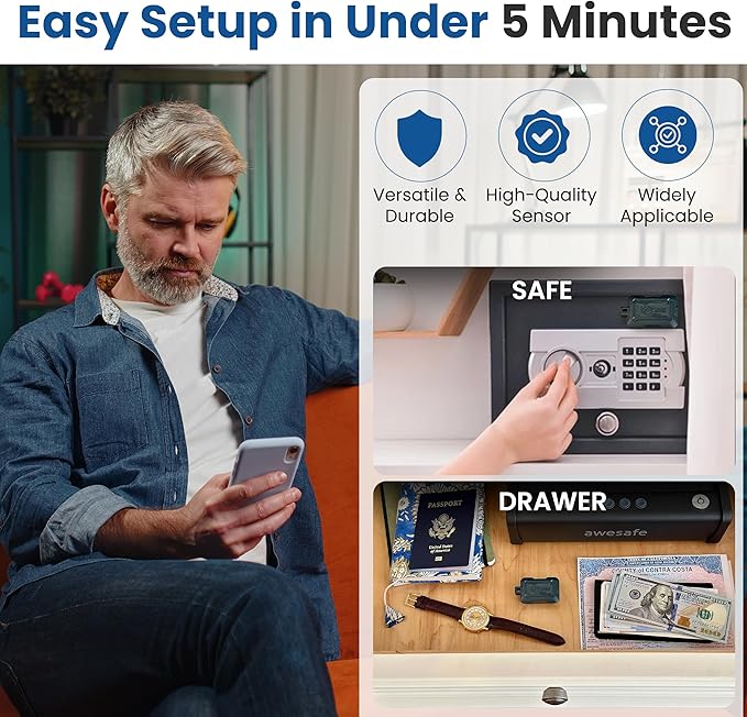 Kinisafe Alert, Wi-Fi Motion Sensor, Real-time SMS, Email, Push Alerts, IFTTT, Gun Safes, Cabinets, Home, Office, Easy Install, No Subscription, Long Lasting Rechargeable Battery