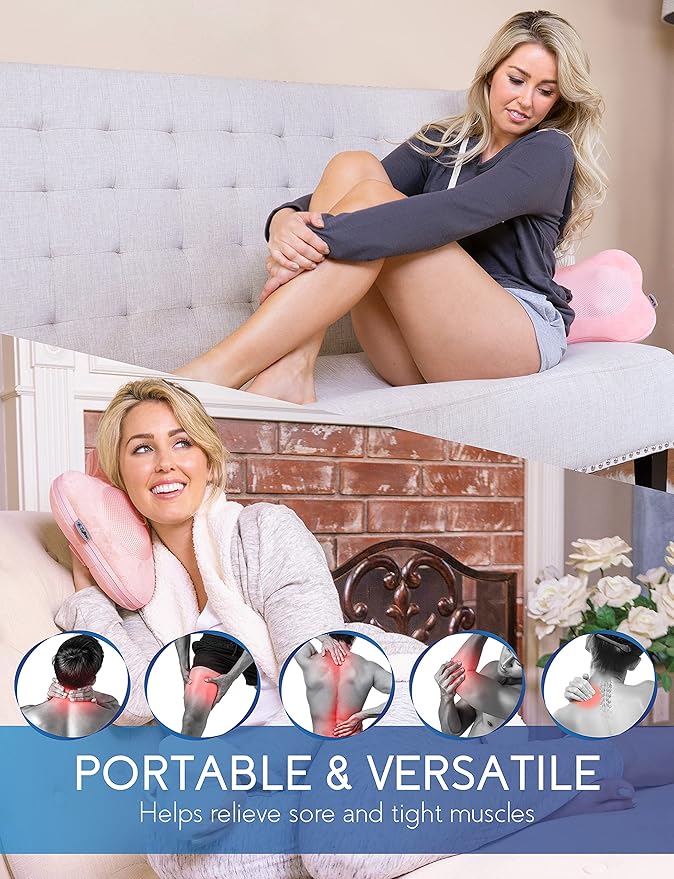 Zyllion Shiatsu Back and Neck Massager with Heat - 3D Electric Kneading Deep Tissue Massage Pillow for Muscle Pain Relief, Pink, ZMA-13