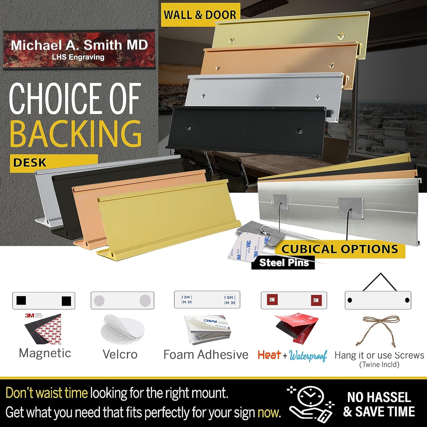 Engraved Name Plates for Door Sign Personalized Rustico Granite Pattern Plastic Plaque with Gold Letters - Made in USA 2x8 S7