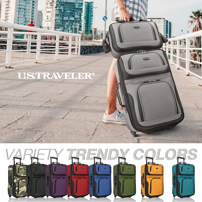 U.S. Traveler Rio Fabric Expandable Carry-on Luggage, Rolling Suitcase, Grey, 2 Wheel Set
