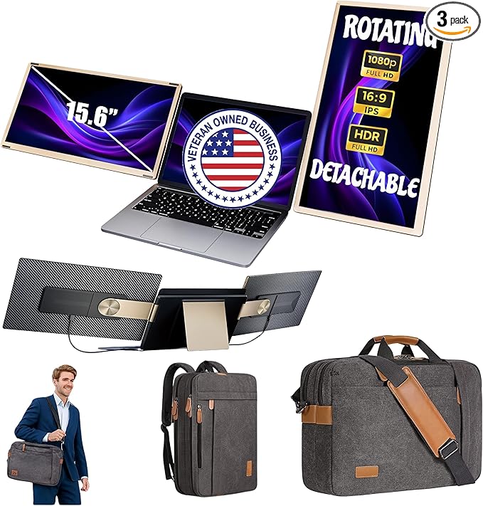 ELK 15.6" Dual Laptop Screen Extender - Laptop Bag & Cleaning Kit Included - FHD 1080P IPS - Detachable & Adjustable Monitor Extender - with Speakers - Compatible with Mac/Android/Win