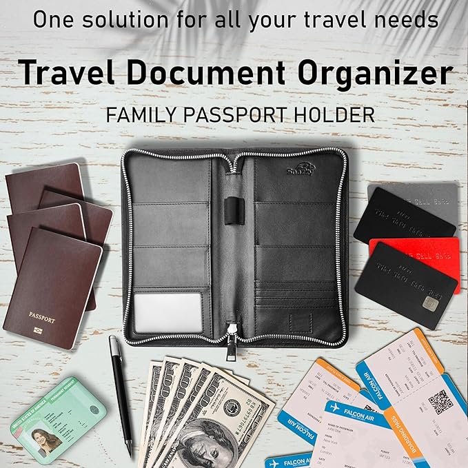 Family 4 Passport Holder - Travel Wallet RFID Blocking, Document Organizer, Essentials Plane Accessory Cover for Women Men (Black)