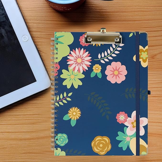 Clipboard Folio Spiral Folder Board,5 Extra Folders with 10 Storage Pockets,Refillable Lined Fillable Notepad,Folded Clipboard with Storage,Suitable for Office,School and Student (Blue Flowers)